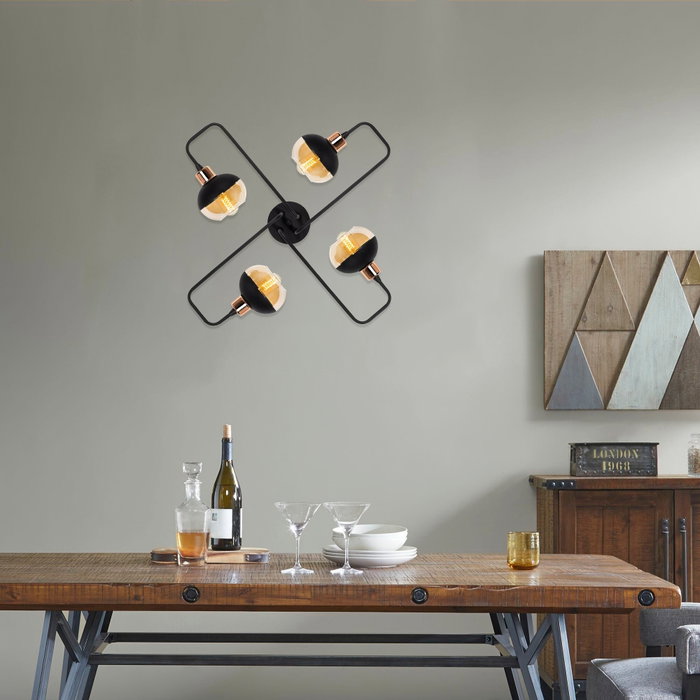 Opviq Araña Industrial N-371, Lámpara de Techo Negra con Tapa de Cristal, Ø 72 cm x 22 cm, Casquillo 4xE27